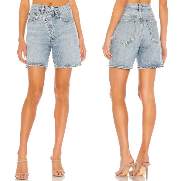 AGOLDE Criss Cross Denim Shorts Momentum Light Wash Asymmetric Waist Size 25 - Picture 1 of 5